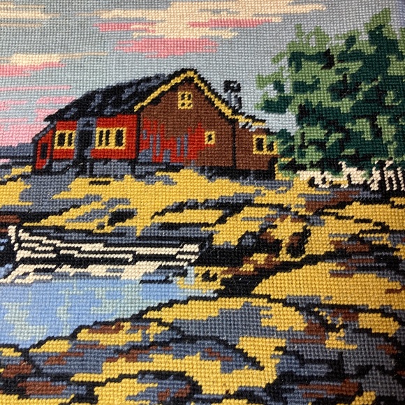 vintage Scandinavian Finland Seashore 
Cottage boat nautical Needlepoint Mounted - Picture 3 of 7